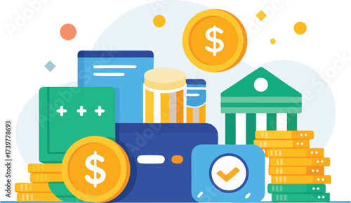 Modern finance and banking vector illustration with coins and credit card icons