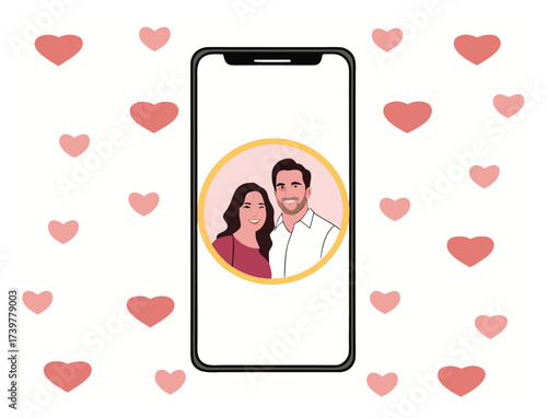 Couple portrait on a smartphone screen with heart background concept