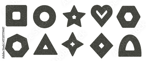 Grunge ink gradient geometric shapes set. Grainy textured y2k elements with hole. Triangle, blinks, star with rhombus and circle brutalist vector gritty forms. Bold stroke geometry icon figures.