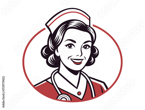 Retro style nurse illustration with stethoscope and uniform circle emblem
