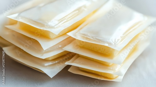 Stack of individually wrapped sterile food sachets in soft light