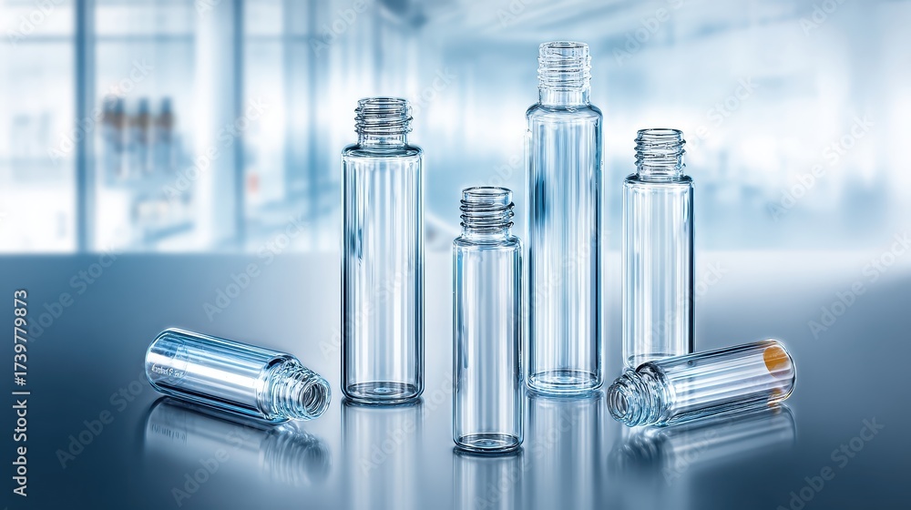 Naklejka premium Various sizes of empty glass bottles on reflective surface