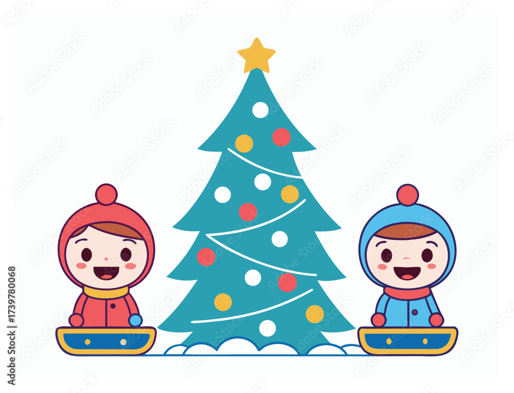 Naklejka premium Two happy children near decorated Christmas tree enjoying winter holiday