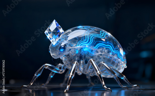 Futuristic Robotic Insect with Translucent Body and Glowing Blue Circuits