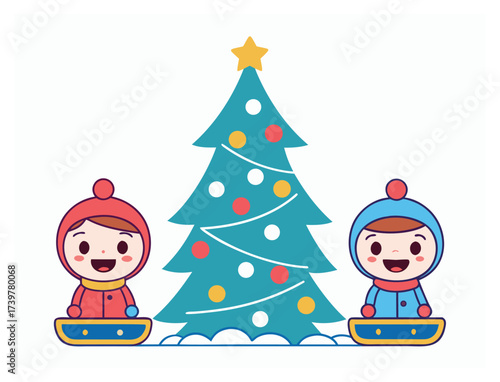 Two happy children near decorated Christmas tree enjoying winter holiday