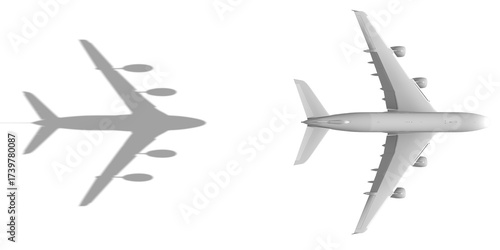 White airplane with shadow flying on white background . 3d render