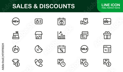Sales And Discounts Professional Line Icon Set – Modern, Editable, Minimal, Vector-Based Collection for High-Impact Digital Marketplace Listings