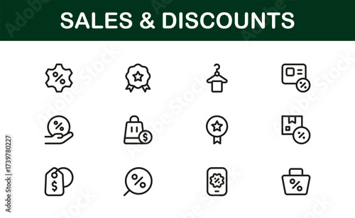 Sales And Discounts Professional Line Icon Set – Modern, Editable, Minimal, Vector-Based Collection for High-Impact Digital Marketplace Listings