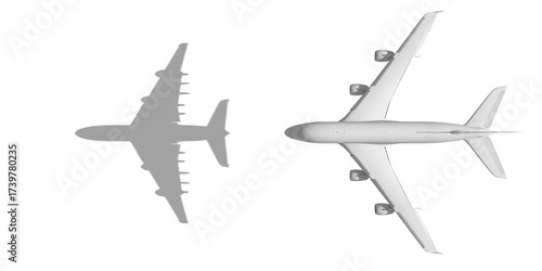 White airplane with shadow flying on white background . 3d render