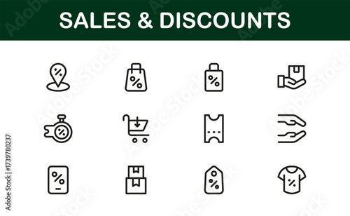Sales And Discounts Professional Line Icon Set – Modern, Editable, Minimal, Vector-Based Collection for High-Impact Digital Marketplace Listings