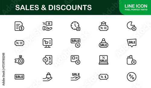 Sales And Discounts Professional Line Icon Set – Modern, Editable, Minimal, Vector-Based Collection for High-Impact Digital Marketplace Listings