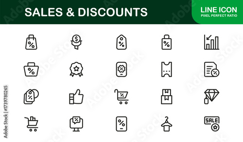Sales And Discounts Professional Line Icon Set – Modern, Editable, Minimal, Vector-Based Collection for High-Impact Digital Marketplace Listings