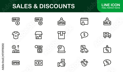 Sales And Discounts Professional Line Icon Set – Modern, Editable, Minimal, Vector-Based Collection for High-Impact Digital Marketplace Listings