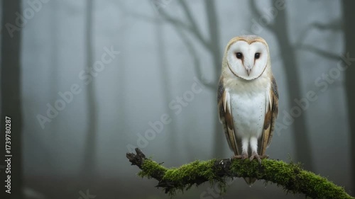 A white owl with brown wings is perched on a dry twig in the footage