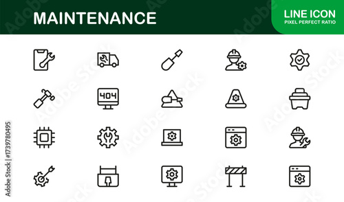 Maintenance Line Icon Set – Professional Vector Symbols for Tools, Repair, and Service – Modern Minimal Outline Icon Collection
