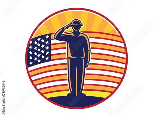 Saluting soldier silhouette with American flag patriotic symbol vector illustration