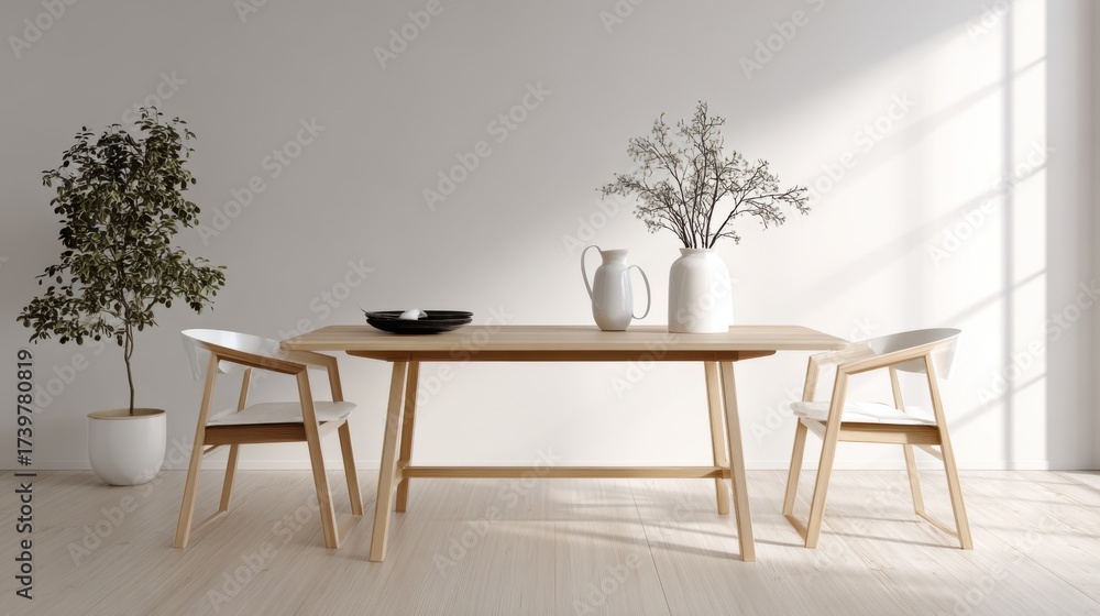 Fototapeta premium Modern Minimalist Dining Room with Simple Furniture and Plants