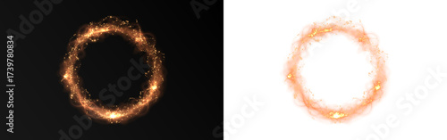 Imagine a vivid circle of bright fire set against a deep black background, contrasting with another equally striking circle of fire presented on a pure white background