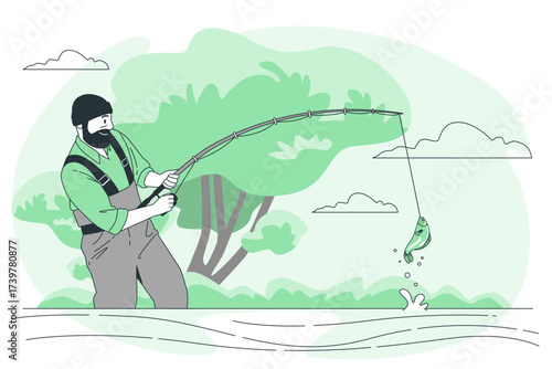 Whimsical Exaggerated Fishing Rod Graphic Isolated on White

