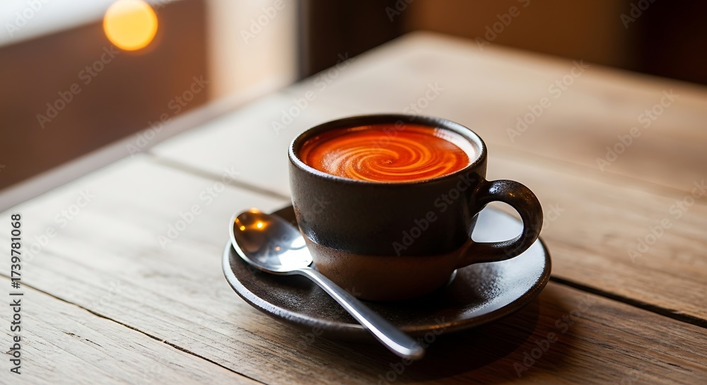 Obraz premium Coffee cup on a wooden table with a spoon and saucer.