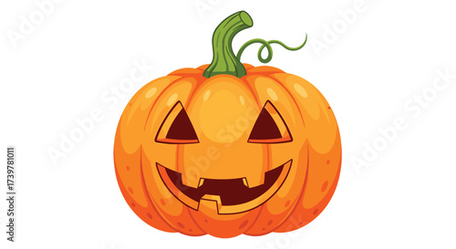 A spooky jack o lantern with a friendly face carved into it.