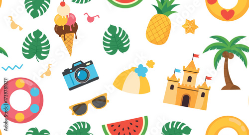 Fun summer vacation objects and icons for holiday celebration.