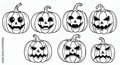 A collection of hand drawn jack o lanterns for your Halloween designs.