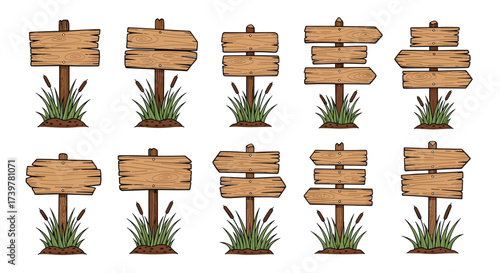 Collection of various wooden signs with vegetation elements.