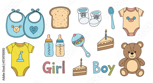 A collection of illustrations of baby items and sweets for a gender reveal party.