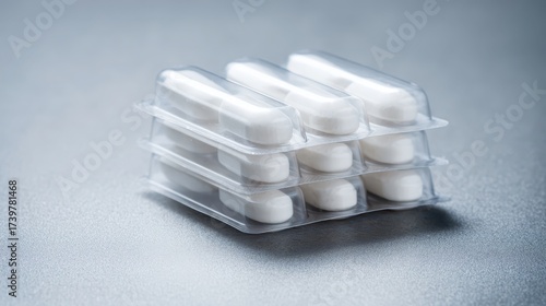 Stack of white pills in transparent blister packs closeup