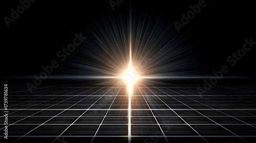 A radiant white starburst with concentric light circles shines above solar panels against darkness,