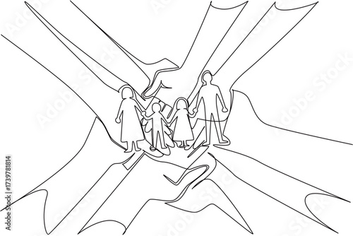 Continuous line drawing of parents and children surrounded by protective hands, symbolizing support, unity, and family love. Minimal design highlights Global Day of Parents in an elegant outline style