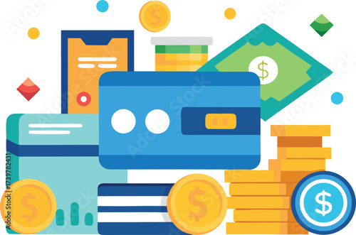 Digital finance and banking collection vector illustration featuring credit cards coins and mobile payments