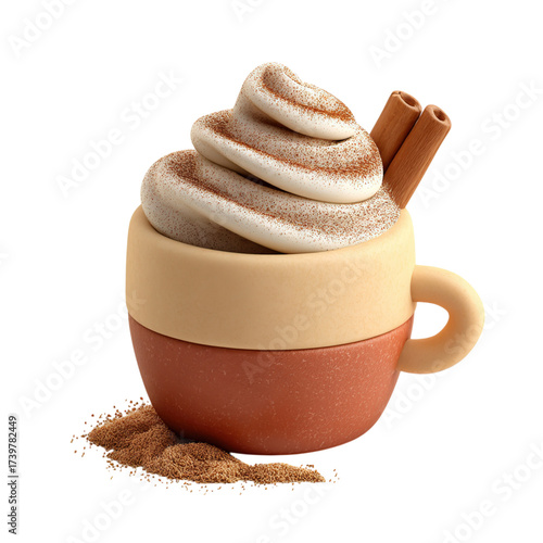 3D Latte Art with Cinnamon Sticks, Creamy Coffee, and Isolated on White.