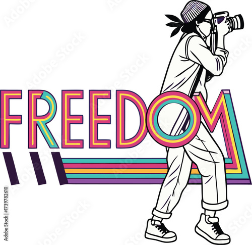 Stylish photographer capturing vibrant moments of freedom, expressing creativity through lens in retro aesthetic, a modern take on vintage photography