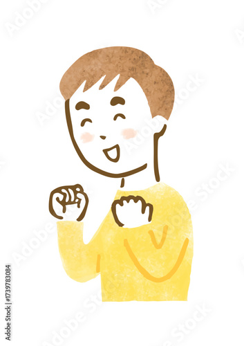 何かを見てガッツポーズしている男性の上半身イラスト