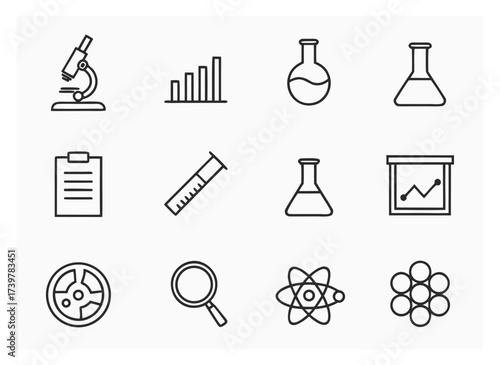 Science and research equipment outline icons for education and experiments
