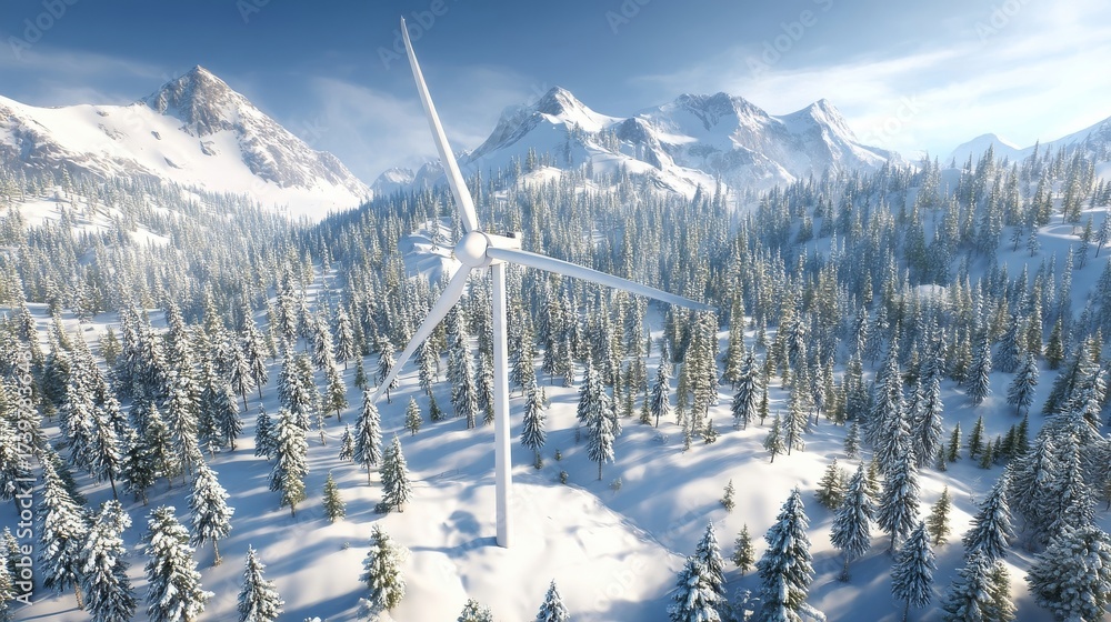 Fototapeta premium Aerial view of a single wind turbine standing tall amidst a snowy forest landscape,