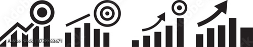 Solid black business growth icons set with bar chart, rising arrow and target elements showing progress, success and strategy concepts