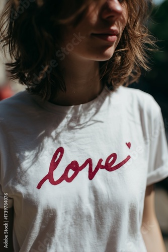Close-up of a woman's white t-shirt with a bold red love print, conveying affection and casual fashion.
