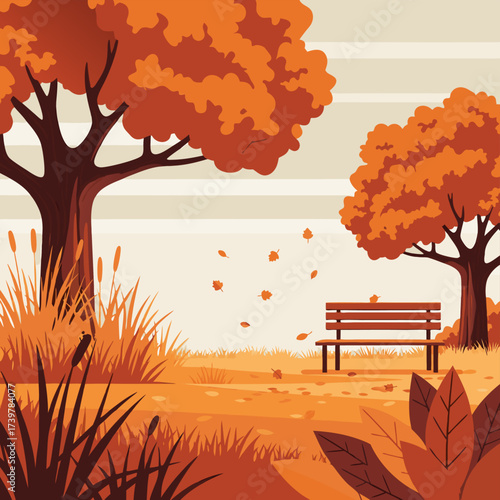 Serene Autumn Park Landscape Illustration with Empty Wooden Bench Amidst Falling Leaves and Colorful Trees