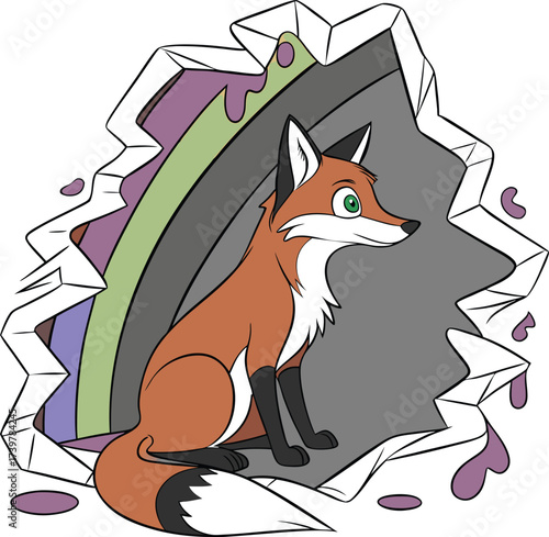 Whimsical fox peeking through a shattered wall, a vibrant rainbow hinting at hope and new beginnings, originally a scalable vector graphic