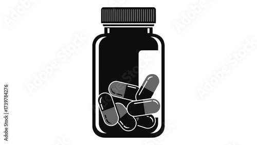 Bottle of pills isolated on white background featuring capsule, medicine, supplement, prescription, health care, vitamins, and wellness for treatment and recovery.
