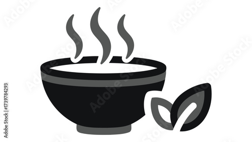 Bowl of hot soup with steam and leaves isolated on white background featuring warm broth, comfort food, culinary dish, appetizer, nourishment, ramen, and stew design.