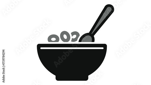 Bowl of cereal with spoon isolated on white background featuring breakfast grain, oats, milk, nutrition, energy snack, healthy food, and kitchen utensil design.