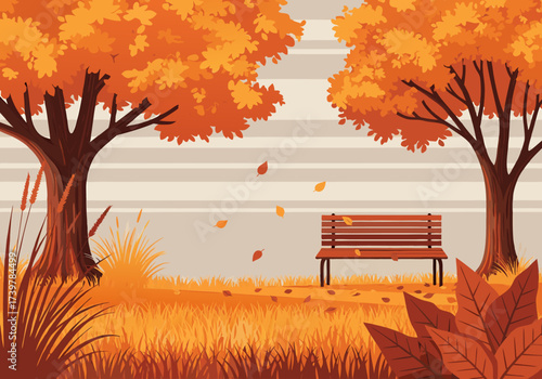 Vibrant autumn park illustration with golden trees, fallen leaves, and an inviting empty bench, capturing the tranquil beauty of the season