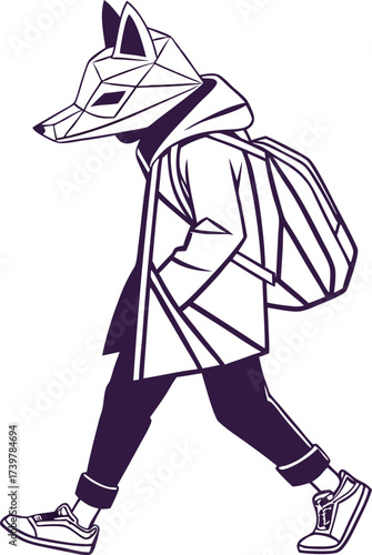 Stylish fox masked person walking with backpack, showcasing urban streetwear fashion and modern geometric design, great for lifestyle concepts