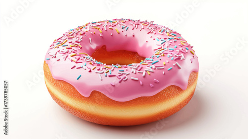 Delicious Pink Frosted Donut with Sprinkles, Food Photography, Bright Background, Glossy Design