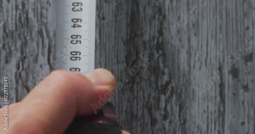Worker using measuring tape on wooden surface