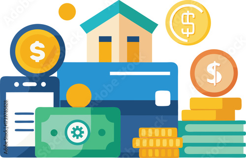 Financial banking icons set vector illustration for online payments and savings concepts
